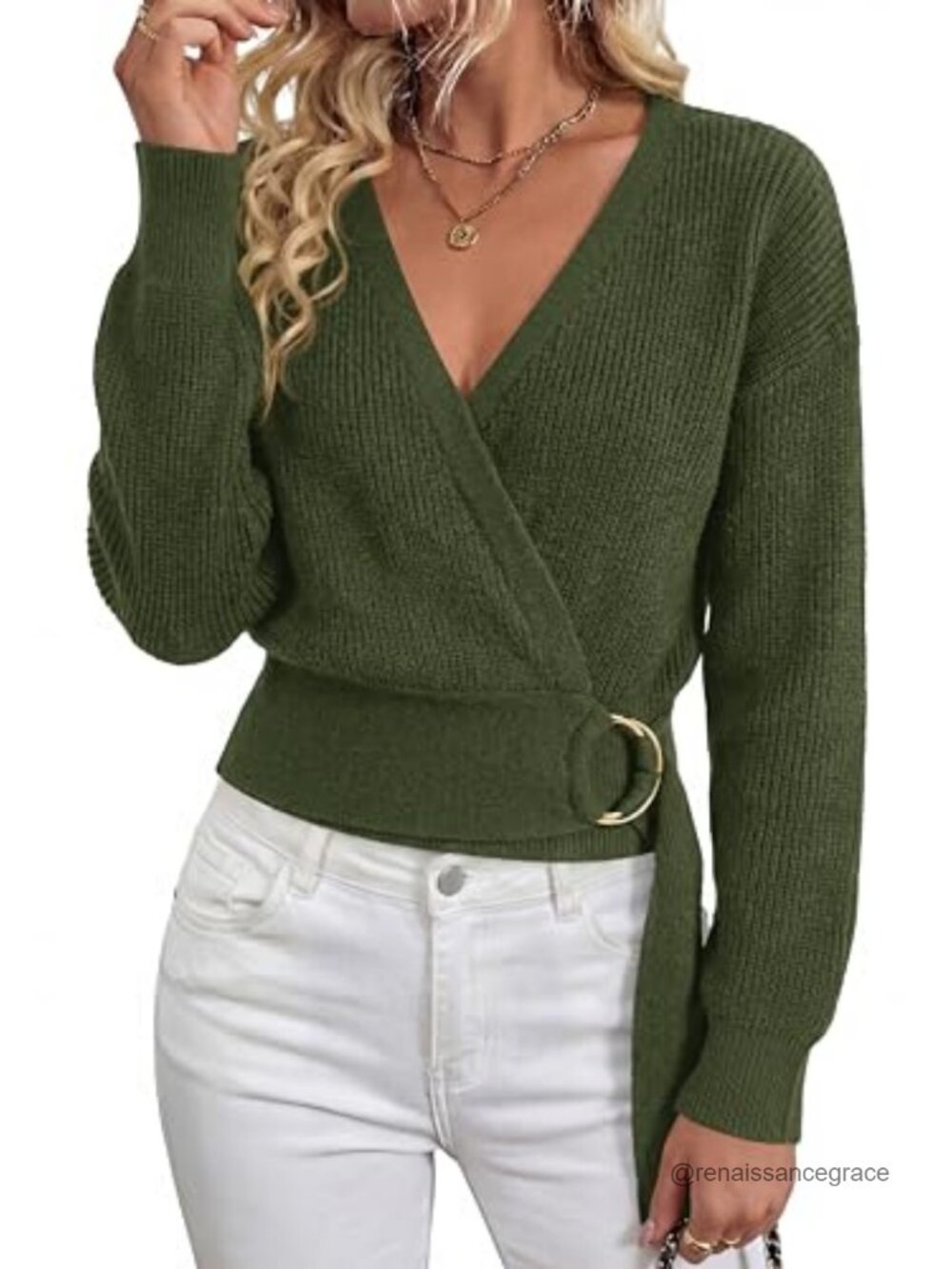 Chunky Knit Long Sleeve Wrap V Neck Belted Pullover Sweater